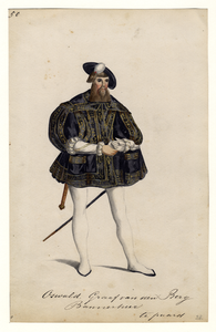 32733 Afbeelding van een kostuumontwerp van Oswald, graaf van Bergh, figurant in de maskerade van de studenten van de ...